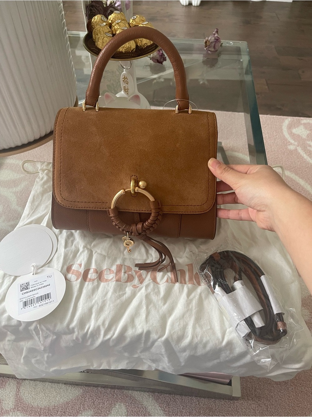 NWT See By Chloé Brown Suede & Leather Top-Handle Satchel with Braided Ring